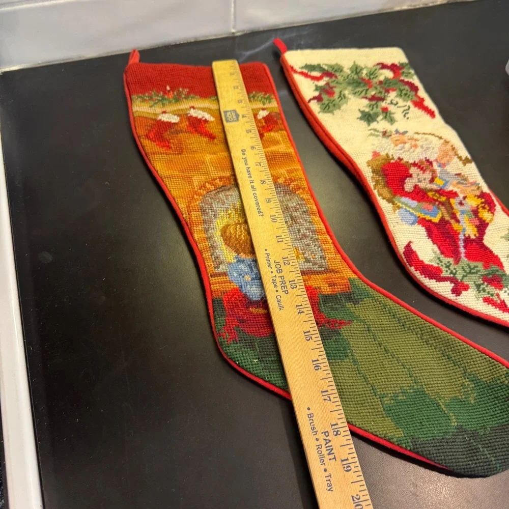 Vintage Christmas Stocking Set Multicolor Needlepoint Santa Fireplace 2pc